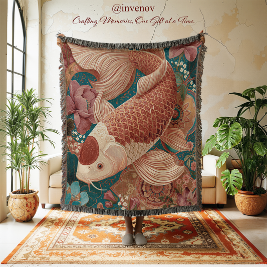 woven blanket with koi fish designs