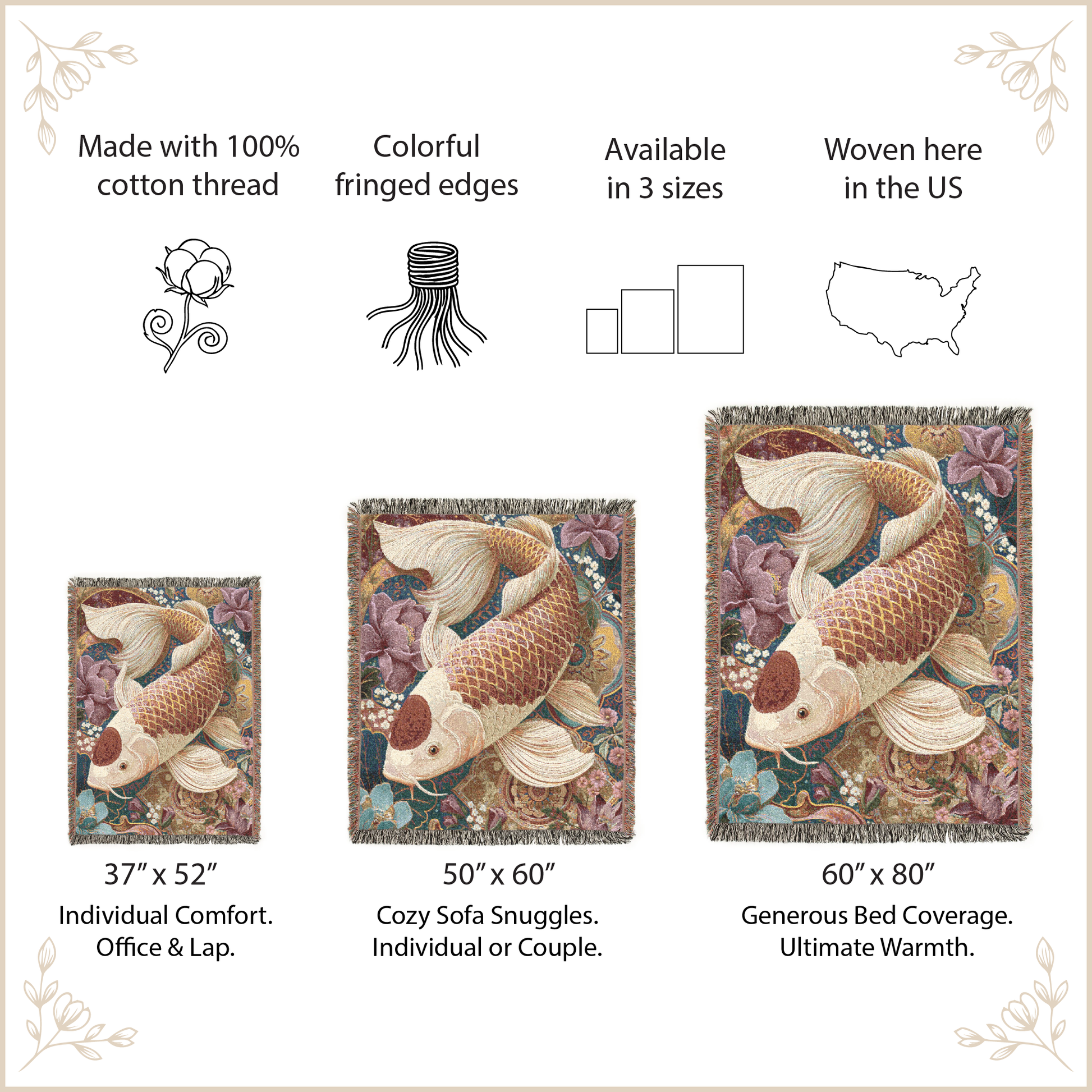 woven blanket with koi fish designs with size options and features