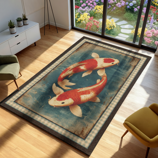 A rectangular area rug with a printed design of two koi fish swimming on a blue water background, placed on a light wood floor in a modern living room setting.