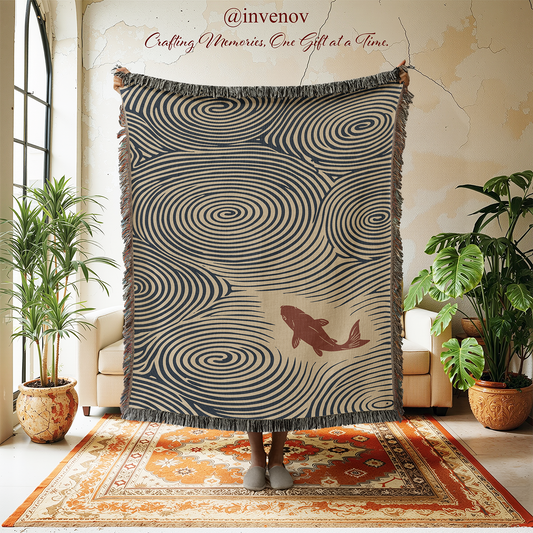 A person holds up a large fringed throw blanket in a styled room. The blanket has a beige background with dark navy swirling spiral patterns and a brown fish illustration near the lower right.