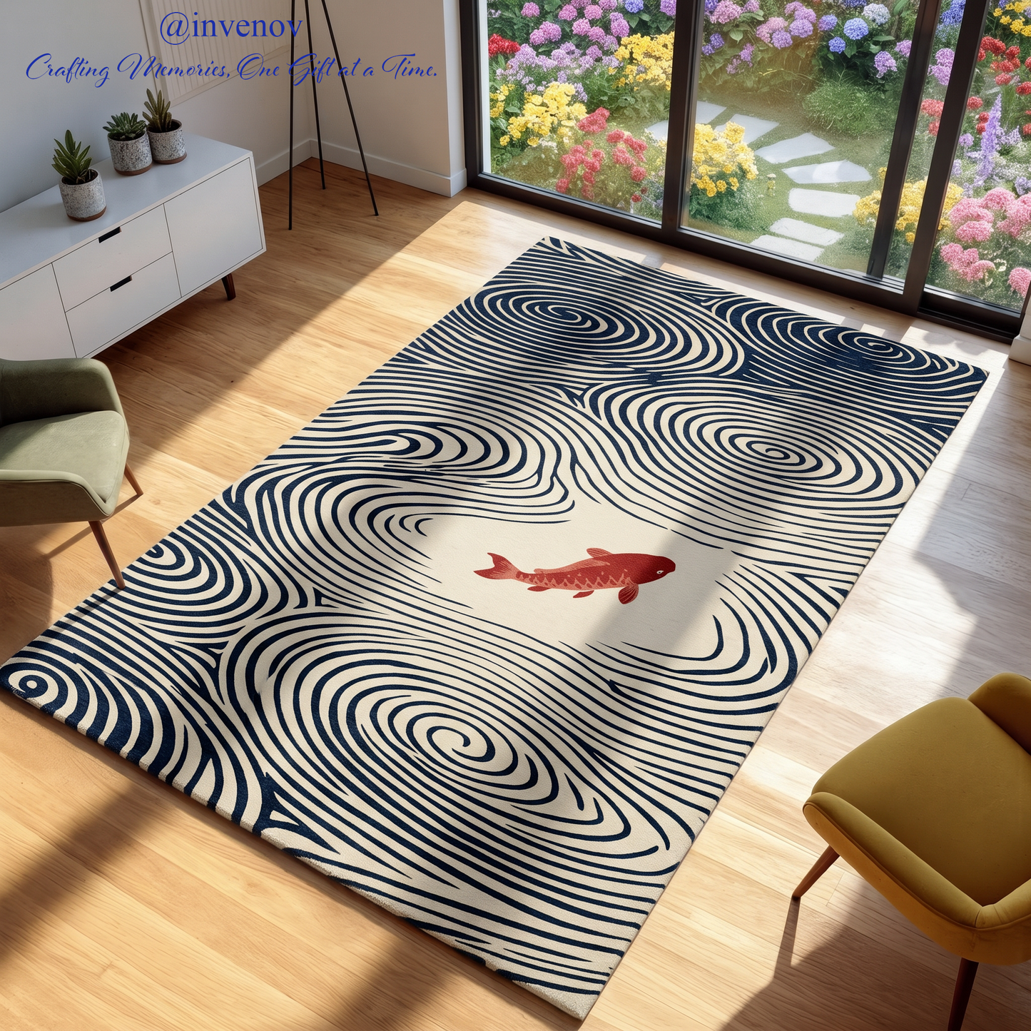 A rectangular area rug with a black and off-white swirling wave pattern and a red koi fish in the center, shown in a bright living room with wood floors, chairs, and large windows overlooking a garden.