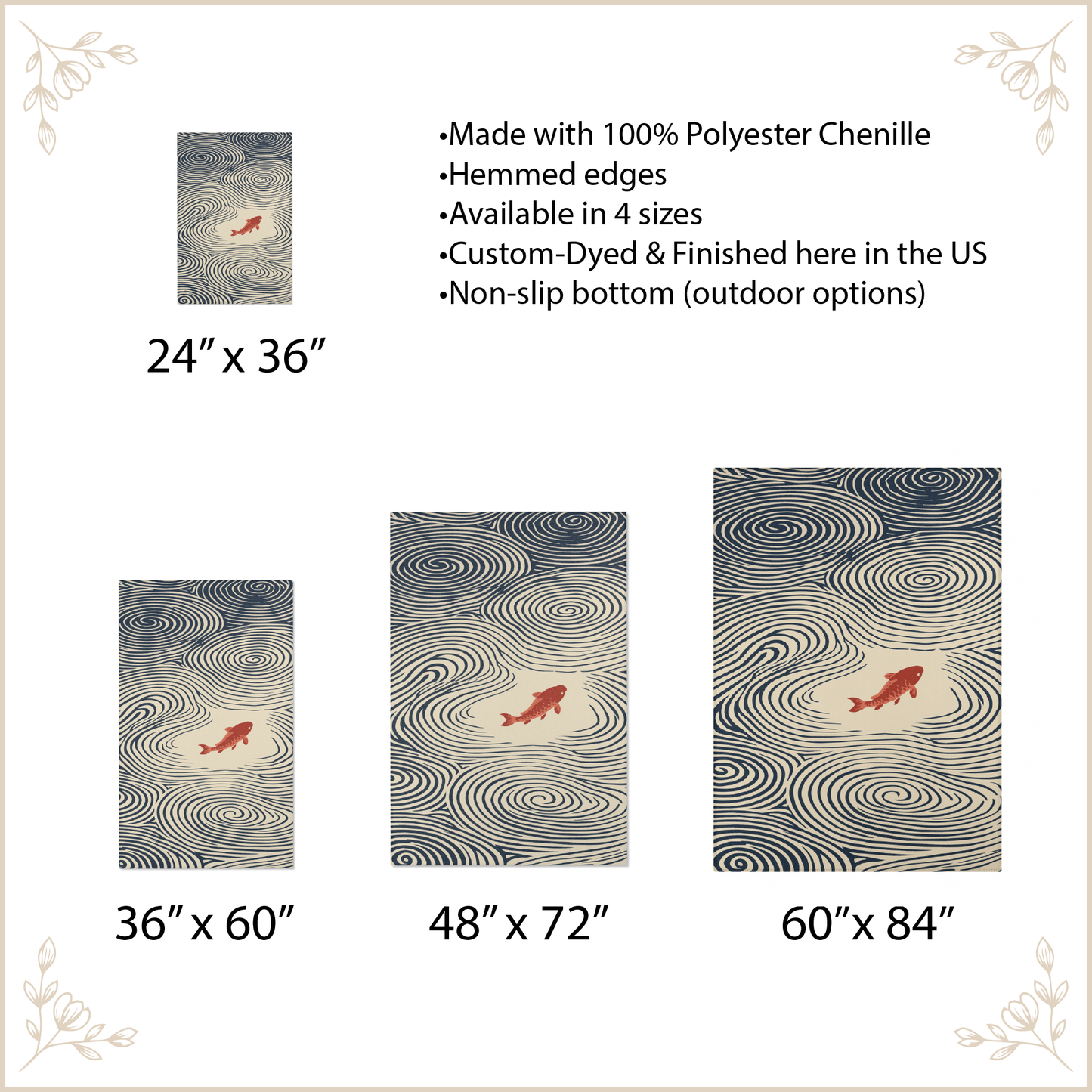 Size chart for a decorative area rug showing four sizes: 24" x 36", 36" x 60", 48" x 72", and 60" x 84". The rug design features concentric wavy lines in gray and beige with a small red fish near the center.