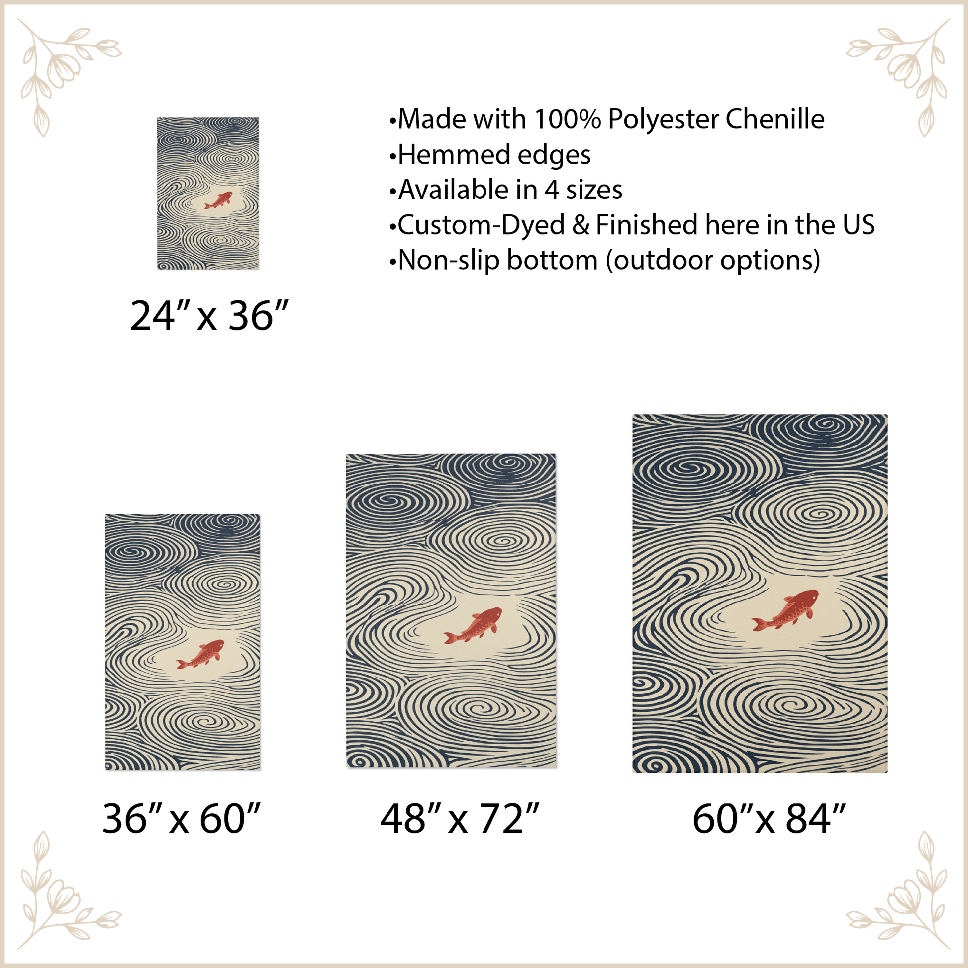 Size chart for a decorative area rug showing four sizes: 24" x 36", 36" x 60", 48" x 72", and 60" x 84". The rug design features concentric wavy lines in gray and beige with a small red fish near the center.