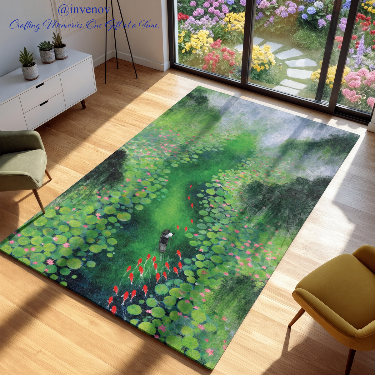 A rectangular area rug featuring a pond scene with green lily pads, red and orange fish, and soft gray mist, shown in a bright modern living room with wood floors and large windows.