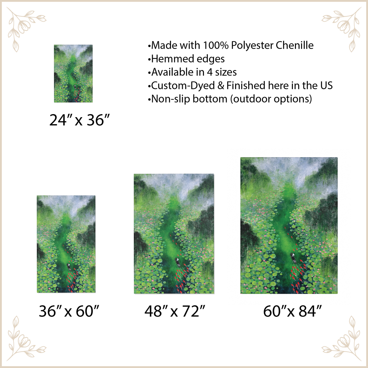 A size and feature chart for an area rug showing four different dimensions: 24" x 36", 36" x 60", 48" x 72", and 60" x 84". Each size displays a vertical landscape print with a green river or path winding through a misty forest.