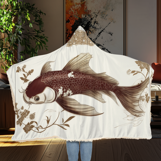 Hooded Blanket, Koi Fish Design, Japanese Art Inspired, Sherpa Fleece, Cozy Blanket, Unique Gift, Statement Piece, Snuggle Wrap