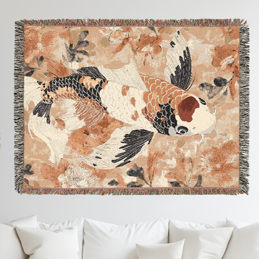 Woven Blanket Bold Koi Fish Design, Koi Fish Home Decor, Warm Earthy Background, Floral Patterns Home Decor Accent, Sofa Throw, Bed Cover