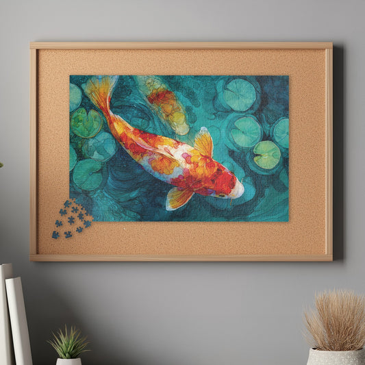 Framed artwork of a colorful fish on a gray wall with decor items below.