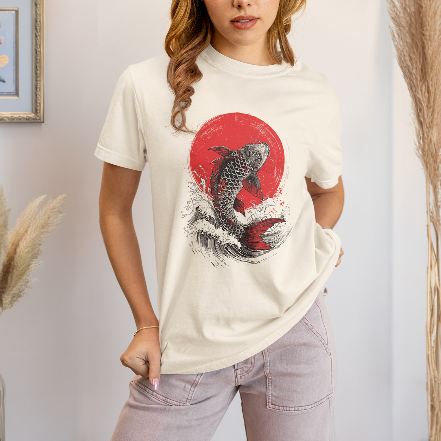 Comfort Colors Japanese Koi Fish Wave Garment-Dyed Cotton T-shirt, Ukiyo-e Style Koi Graphic Shirt, Japan Sun Tee, S-3XL