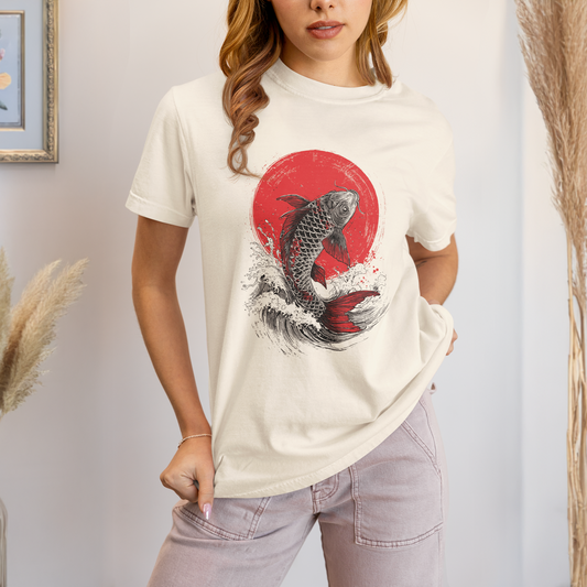 Comfort Colors Japanese Koi Fish Wave Garment-Dyed Cotton T-shirt, Ukiyo-e Style Koi Graphic Shirt, Japan Sun Tee, S-3XL