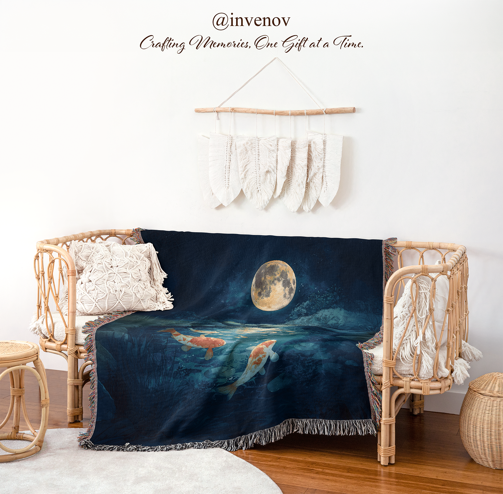 Blanket with a moon and star design draped over a chair