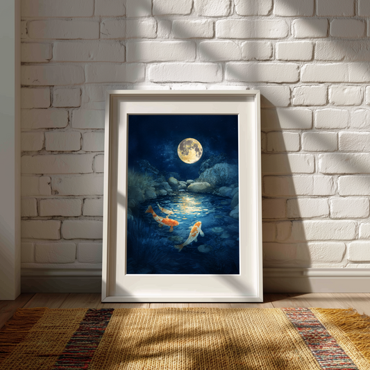 Koi Fish Full Moon Wall Art Canvas or Poster Print, Celestial Garden Pond Print, Japanese Night Pond Print, Japan Koi Fish Home Decor