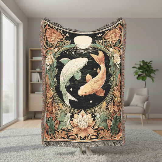 Decorative throw blanket with koi fish design in a room setting