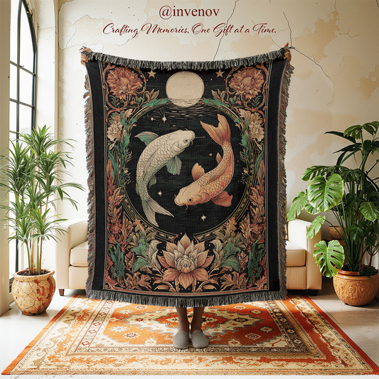 Decorative tapestry with koi fish design in a room with plants and furniture.