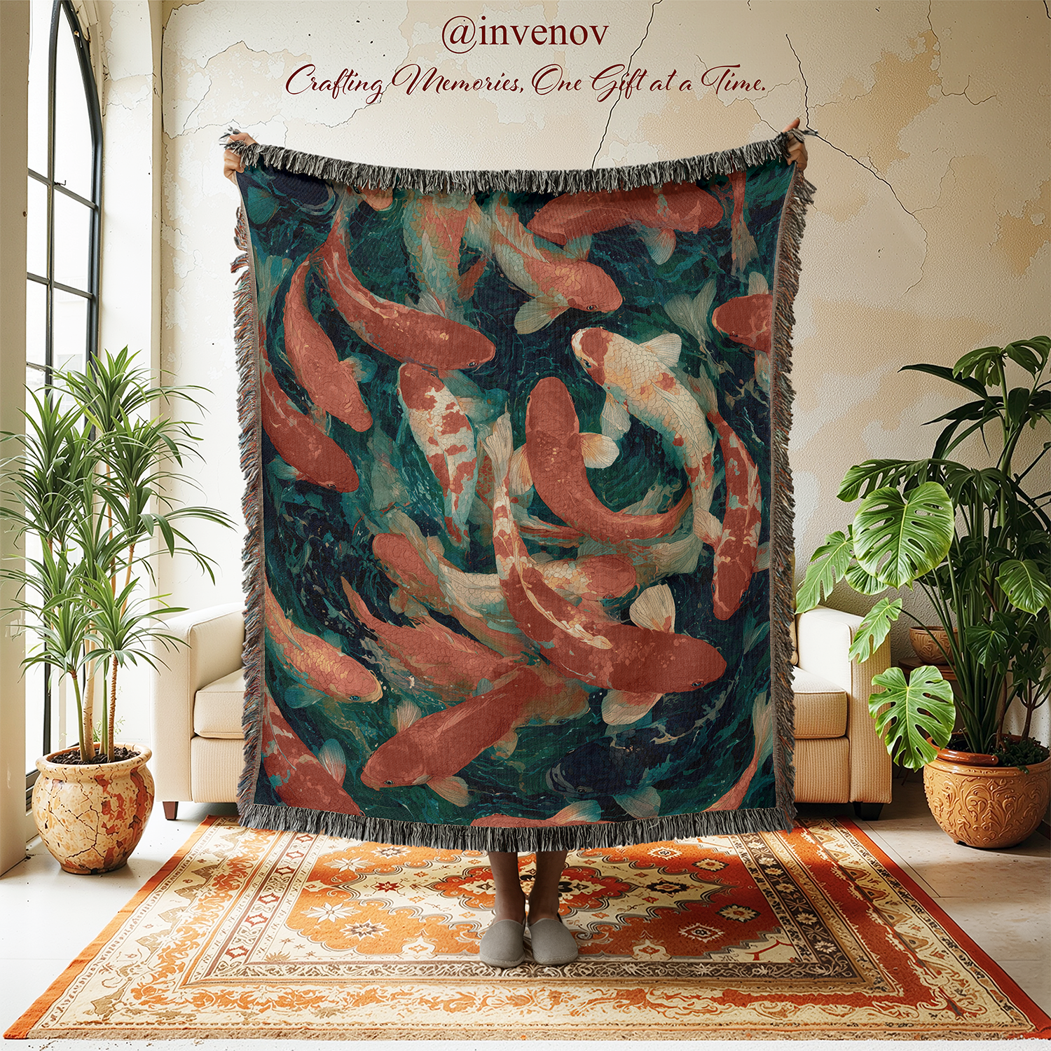 Decorative throw blanket with koi fish pattern in a room with plants and furniture.