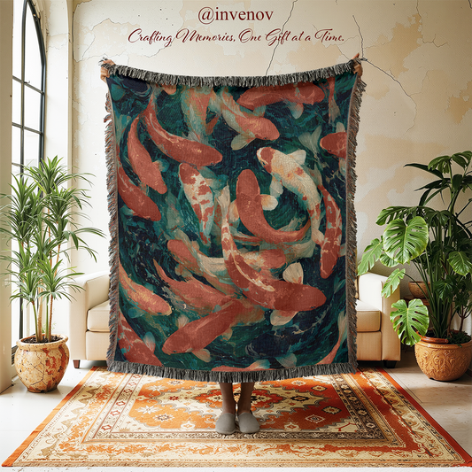 Decorative throw blanket with koi fish pattern in a room with plants and furniture.