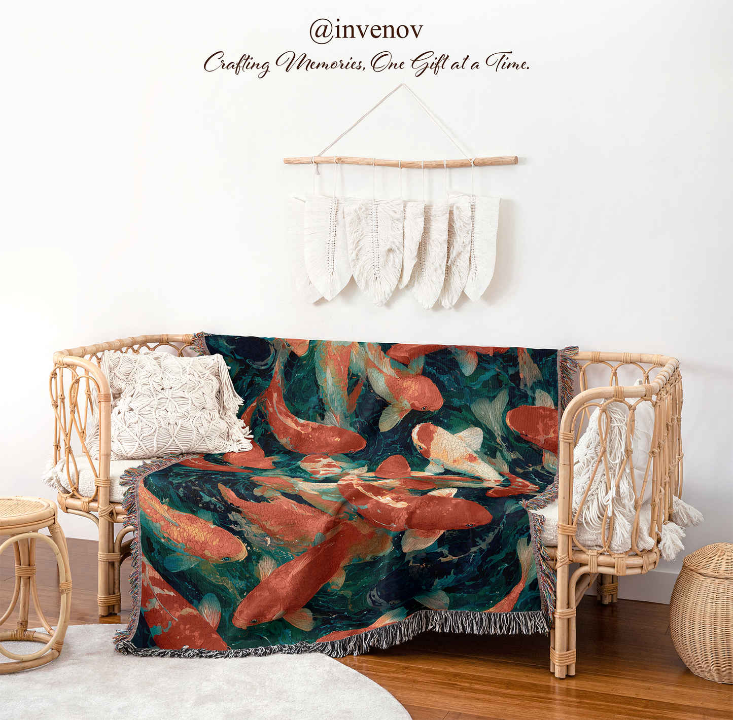 Decorative blanket with koi fish pattern draped over a wicker chair