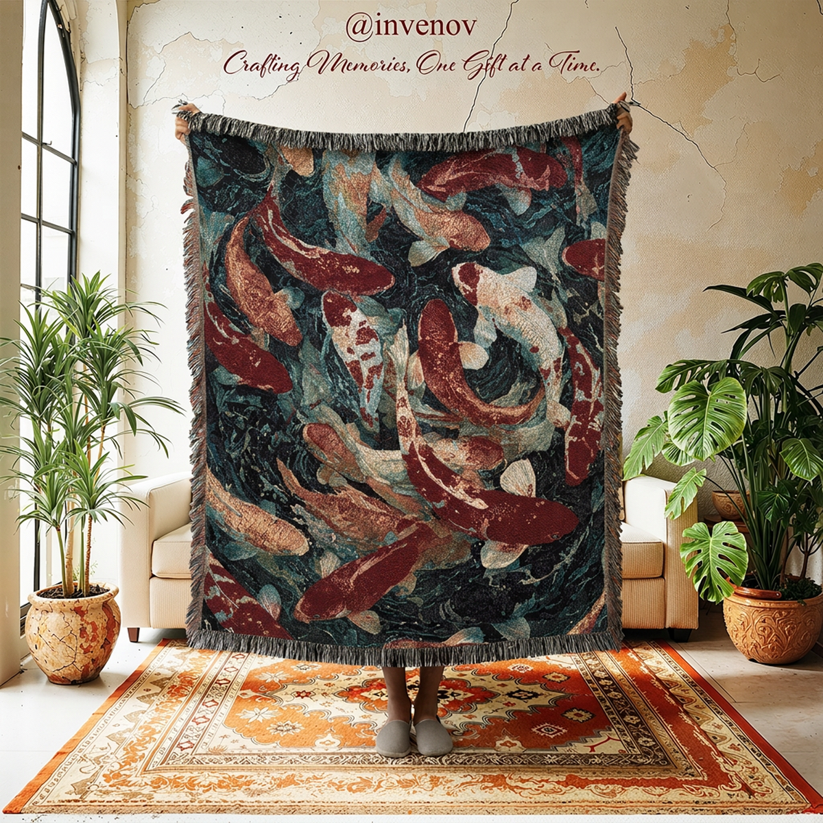 A large woven throw blanket featuring a koi fish pattern in red, cream, and black on a dark teal background, held up in a living room setting with a person's feet visible at the bottom. The room has beige walls, a patterned rug, and potted plants.