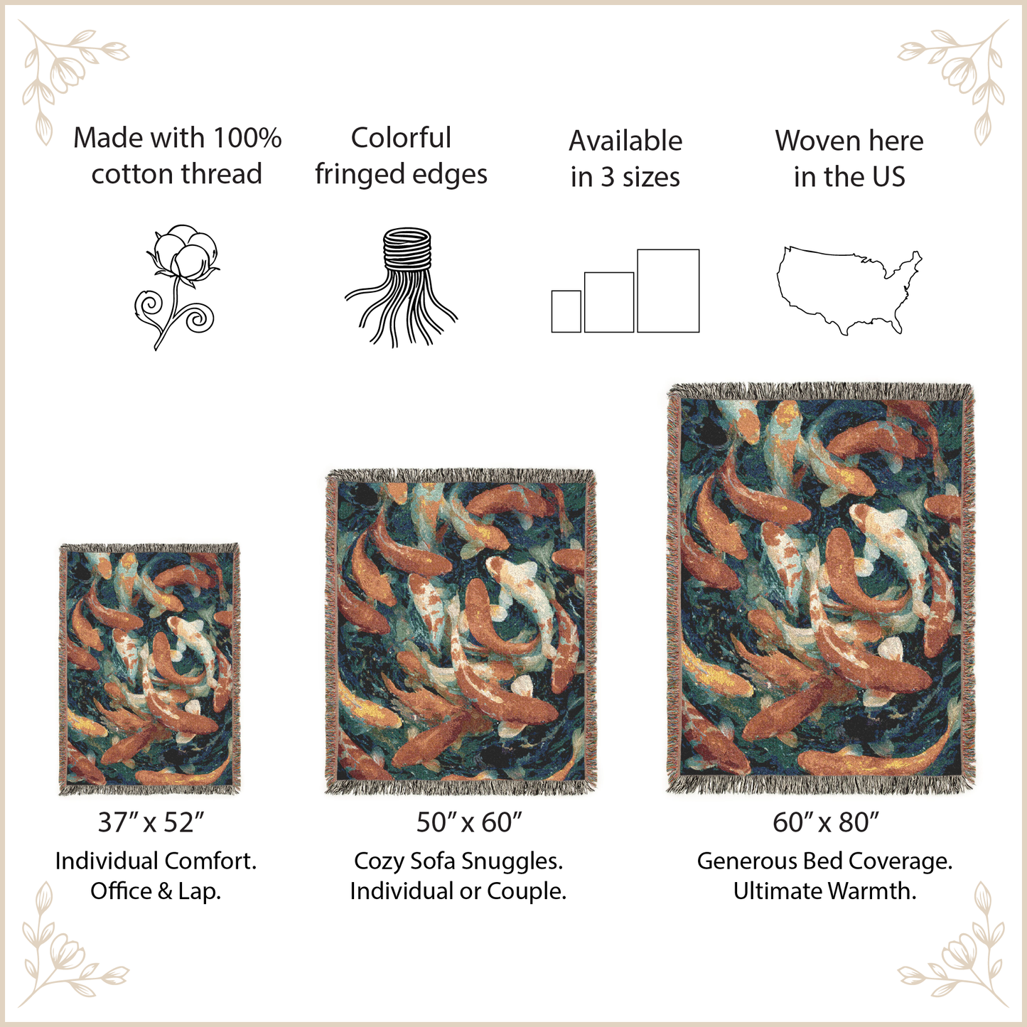 Koi fish patterned throw blanket with size options and features listed.