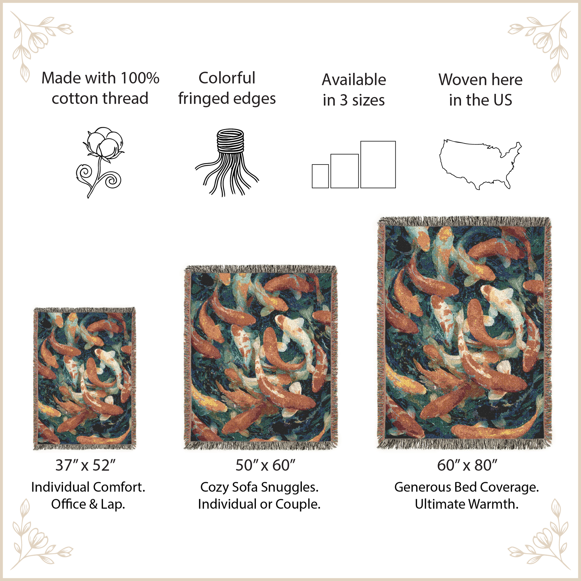 Koi fish patterned throw blanket with size options and features listed.
