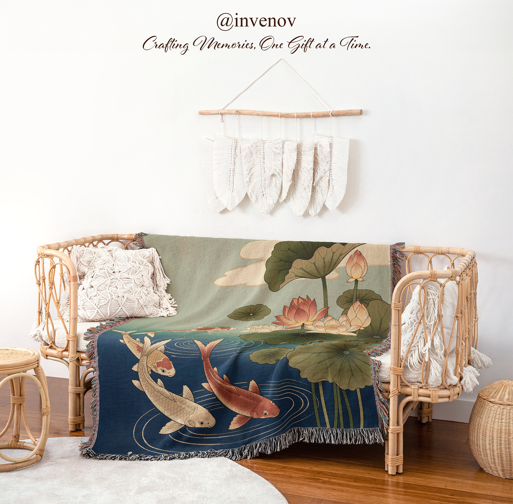 Decorative tapestry with koi fish and lotus flowers