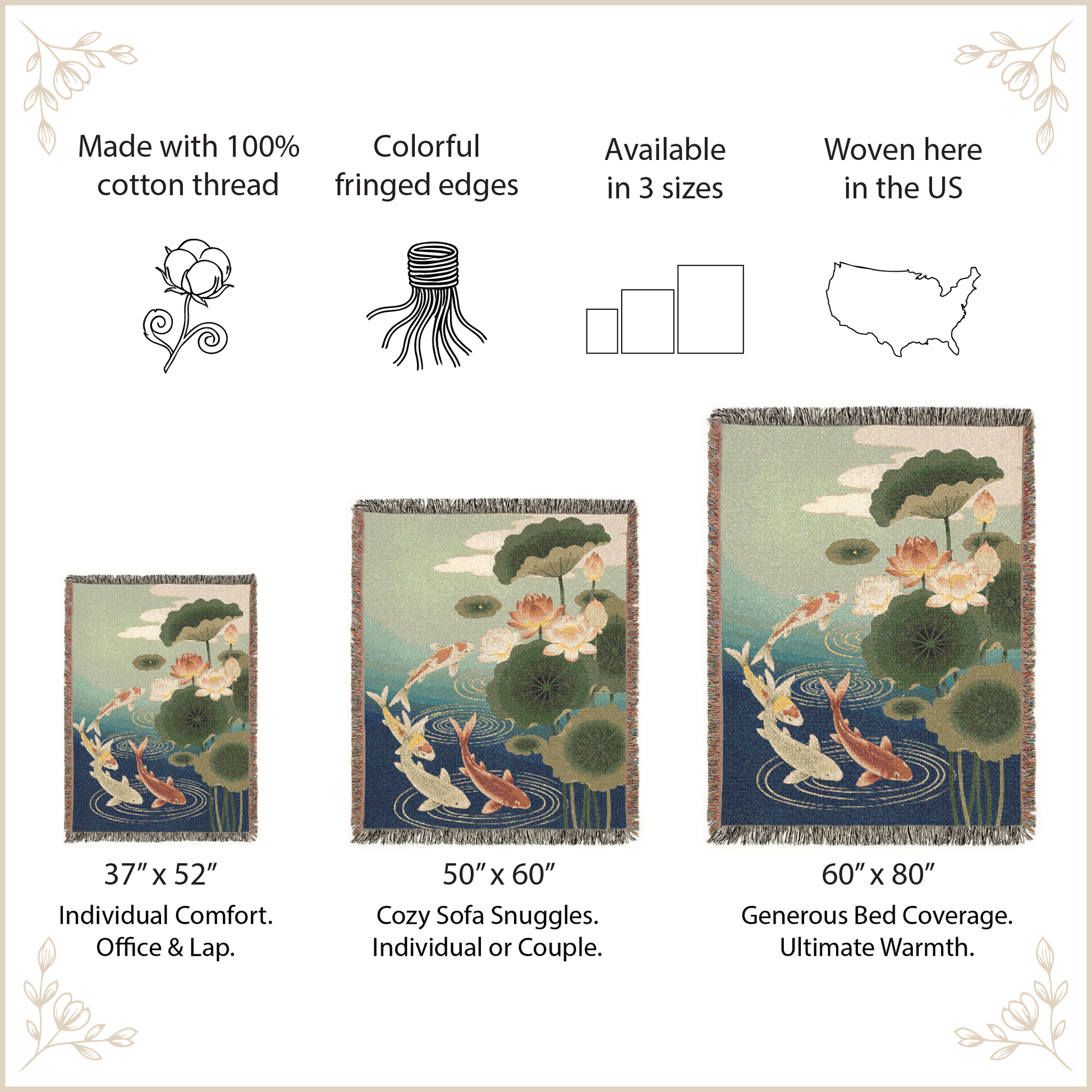 Decorative tapestry with koi fish and lotus flowers with size options and features