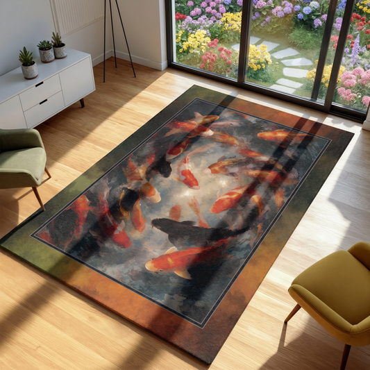 Rug with koi fish design in a living room with a garden view