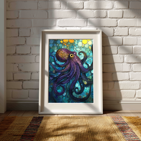 Purple Mosaic Octopus Wall Art Canvas or Poster Print, Colorful Kraken Illustration, Underwater Sea Life Home Decor, Nautical Marine Artwork