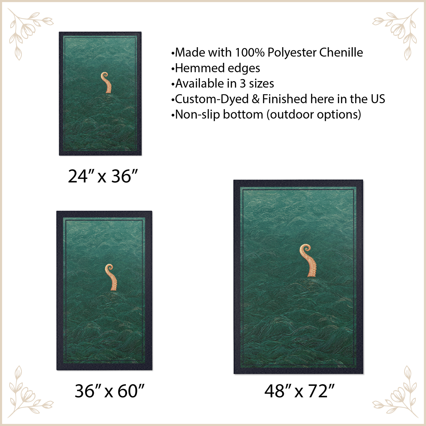 Kraken Octopus Tentacle Area Rug, Japanese Wave Style Carpet, Dark Teal Ocean Decor