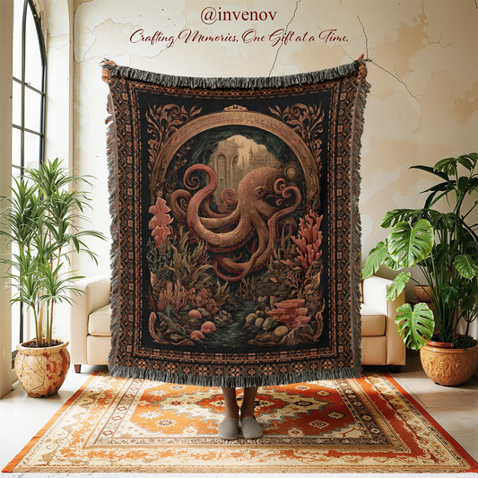 Decorative tapestry with an octopus design in a room with plants and furniture.
