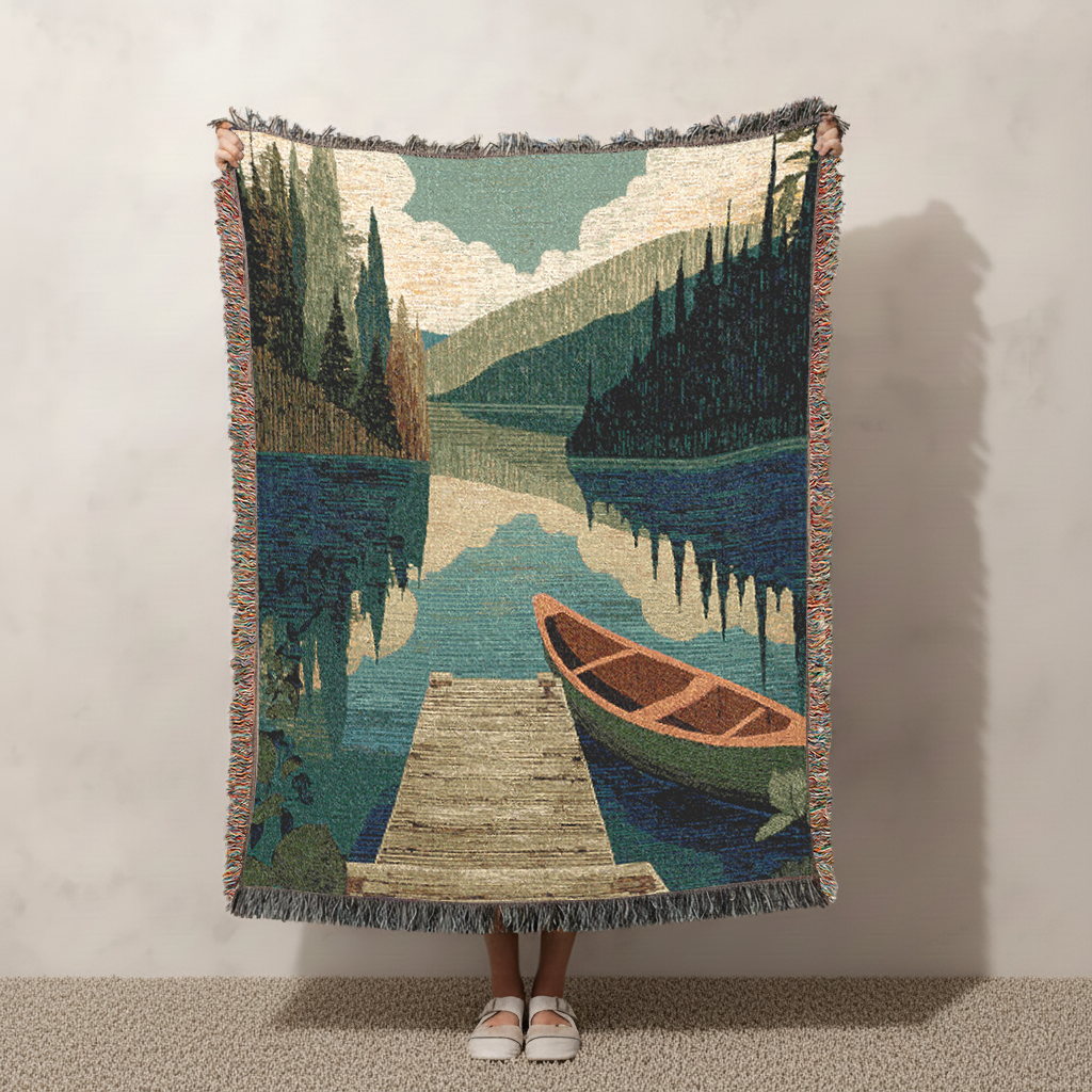 Lake Scene Woven Blanket, Mountain Tapestry Wall Hanging, Rustic Cabin Jacquard Decor Throw, Vintage Canoe Art, Nature Lover Gift