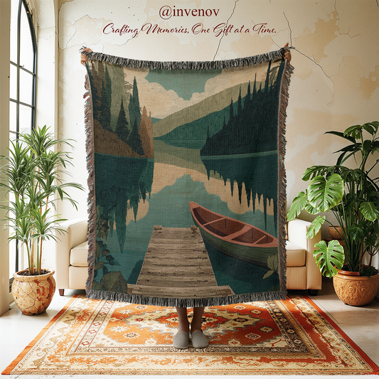 Decorative throw blanket with a nature scene of a lake and canoe, displayed in a room with plants and furniture.