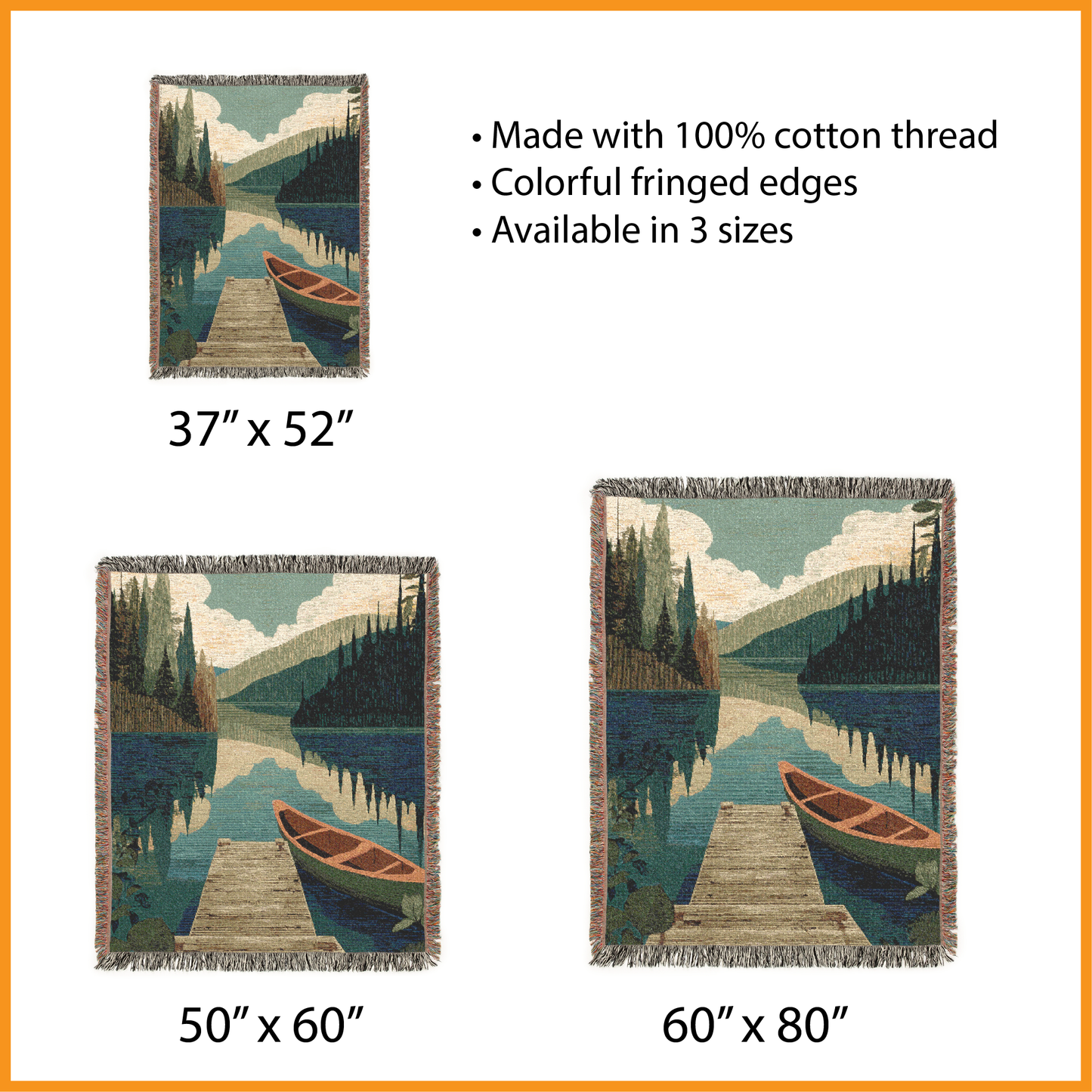 Lake Scene Woven Blanket, Mountain Tapestry Wall Hanging, Rustic Cabin Jacquard Decor Throw, Vintage Canoe Art, Nature Lover Gift