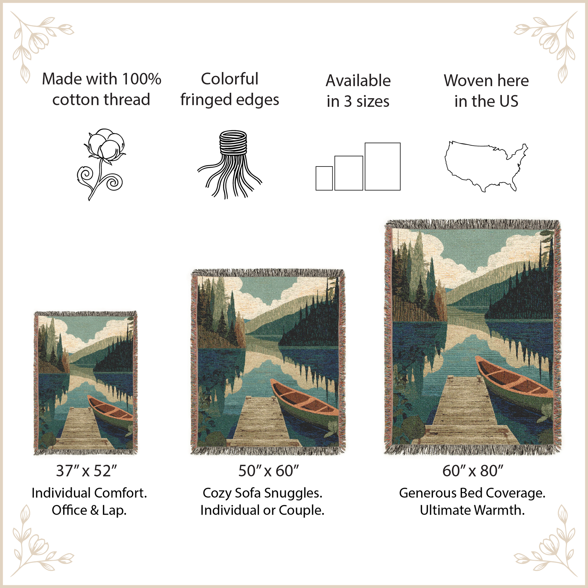 Decorative throw blankets with nature-themed designs and product specifications.