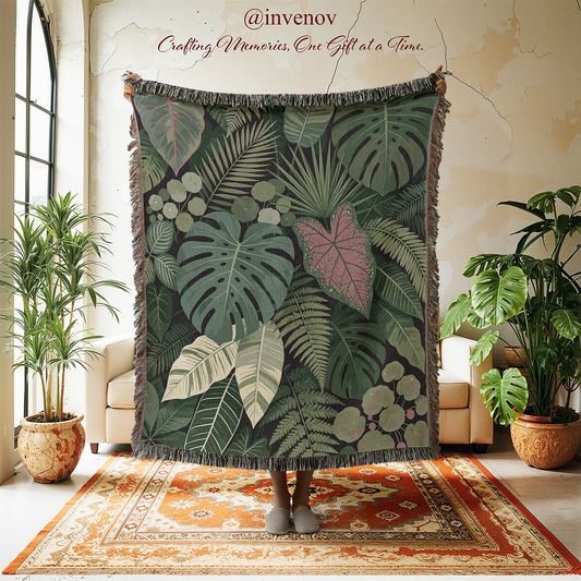 Tropical leaf patterned throw blanket displayed in a room with plants and furniture.