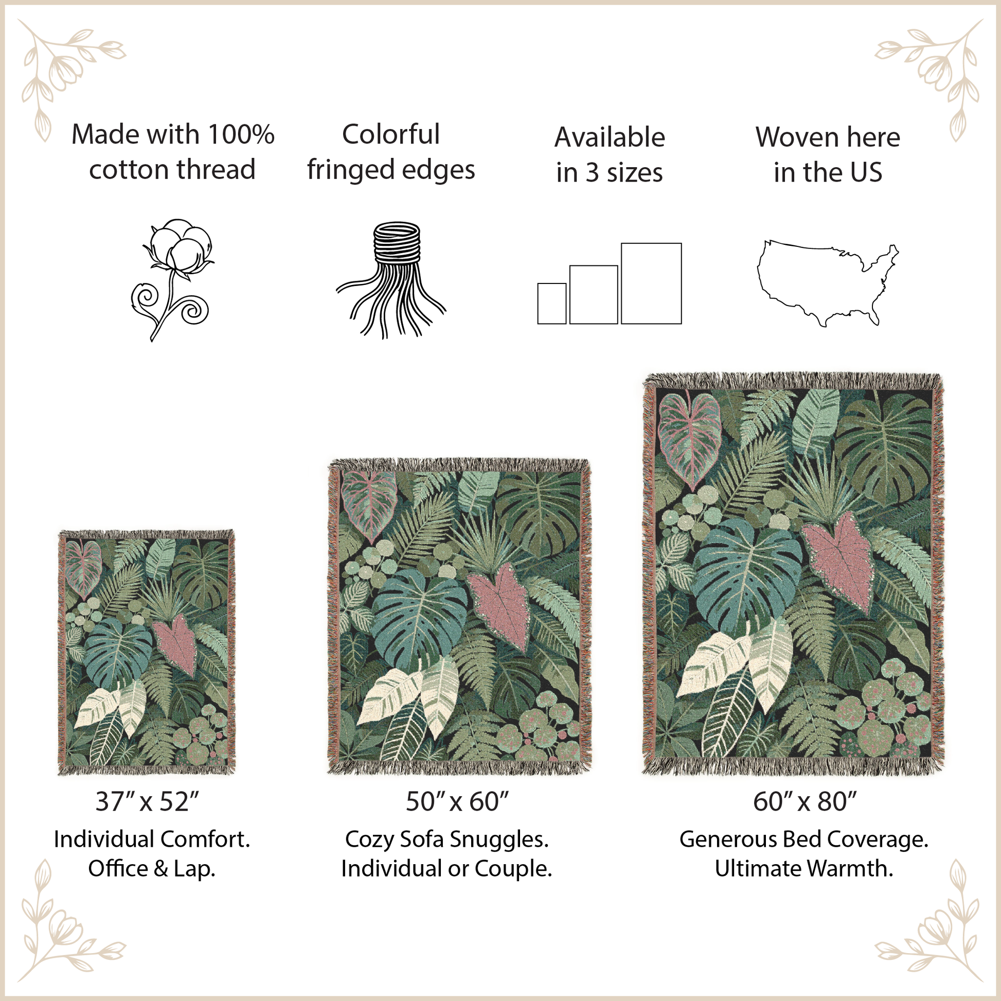 Tropical leaf patterned blanket with size and feature details on a beige background