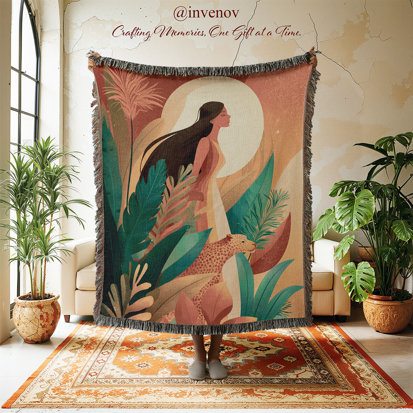 Decorative tapestry with a woman and leopard design in a room with plants and a rug.