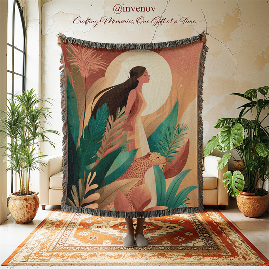 Decorative tapestry with a woman and leopard design in a room with plants and a rug.