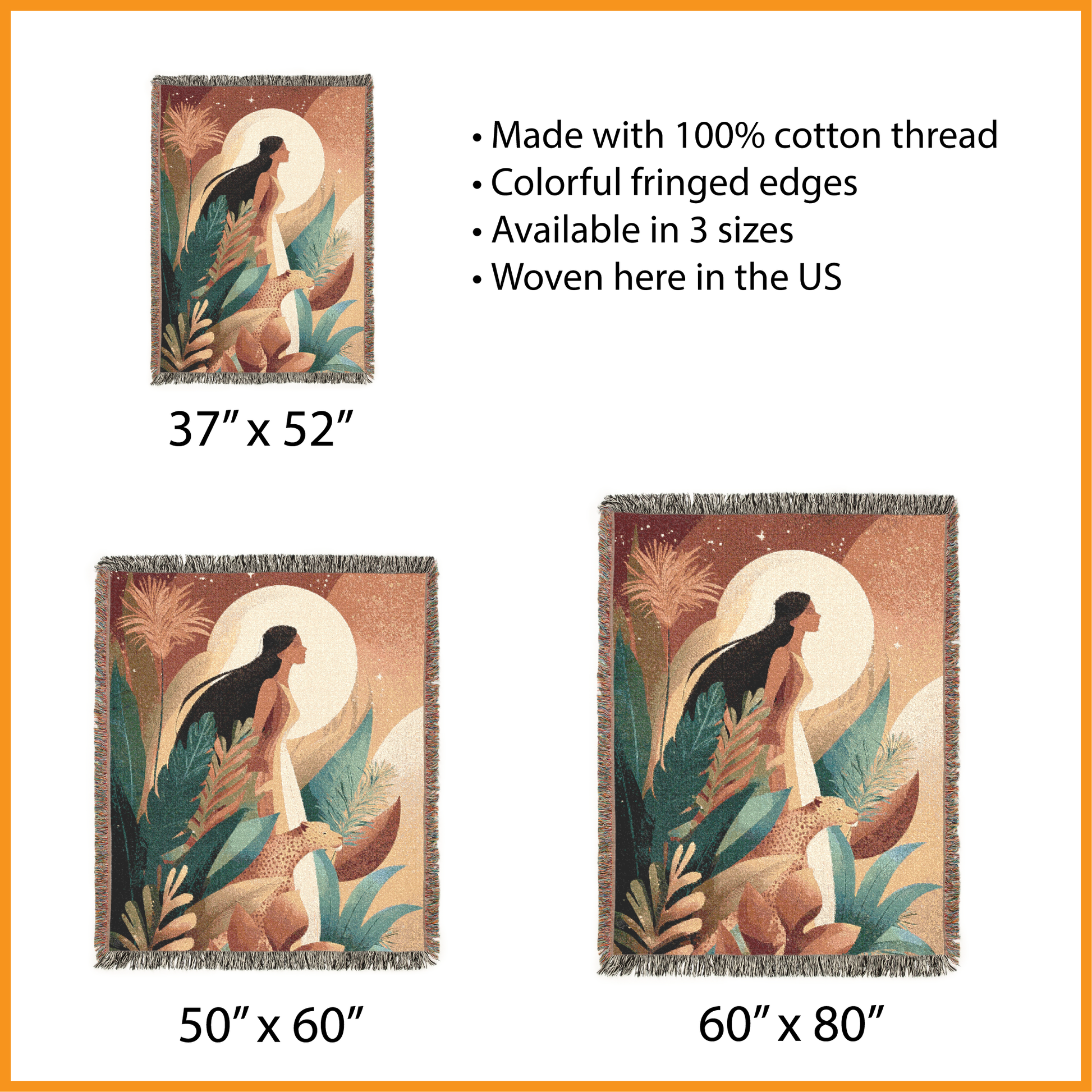 Decorative throw blanket with fringed edges and a woman in nature design, shown in three sizes.