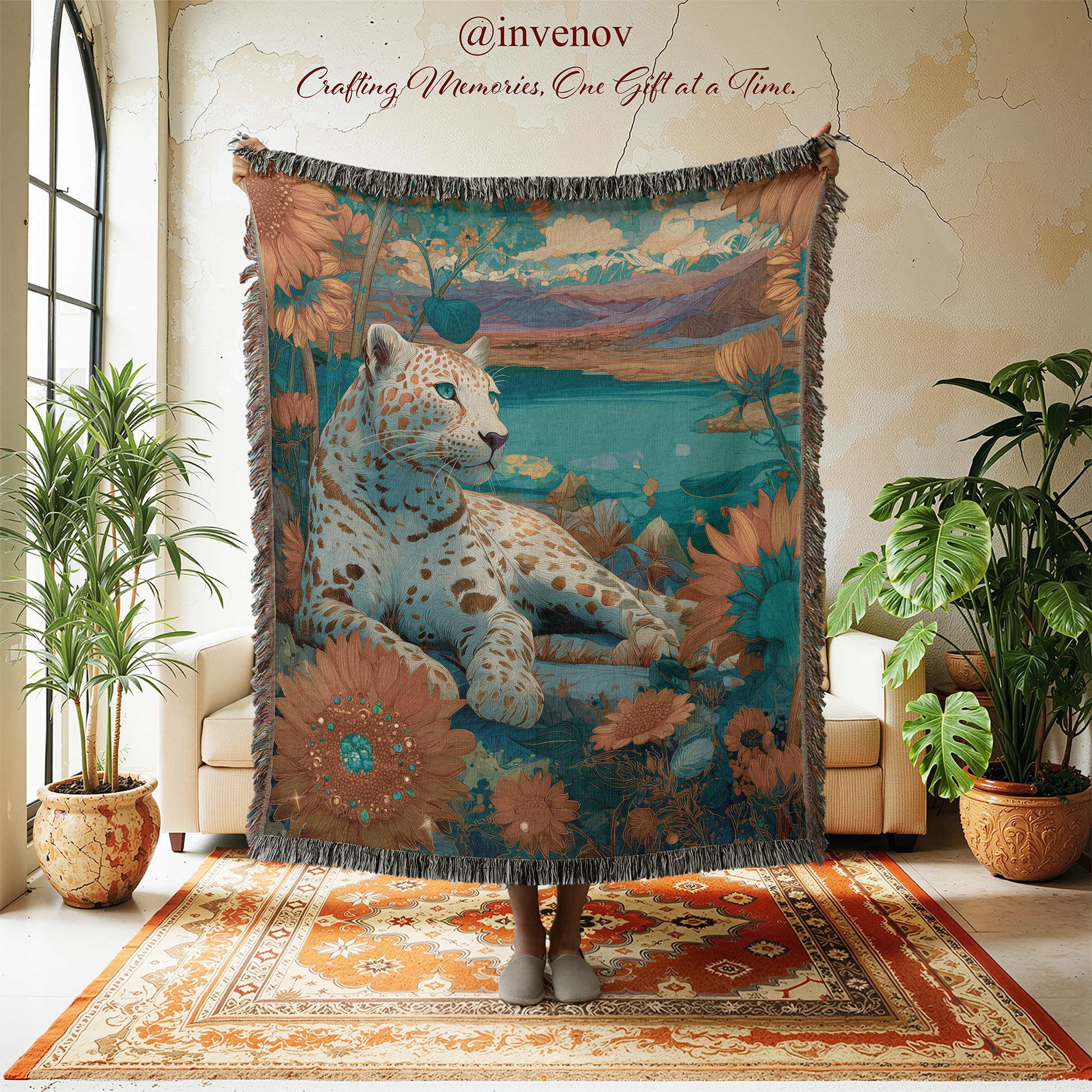 Decorative blanket with a leopard design in a room with plants and furniture.