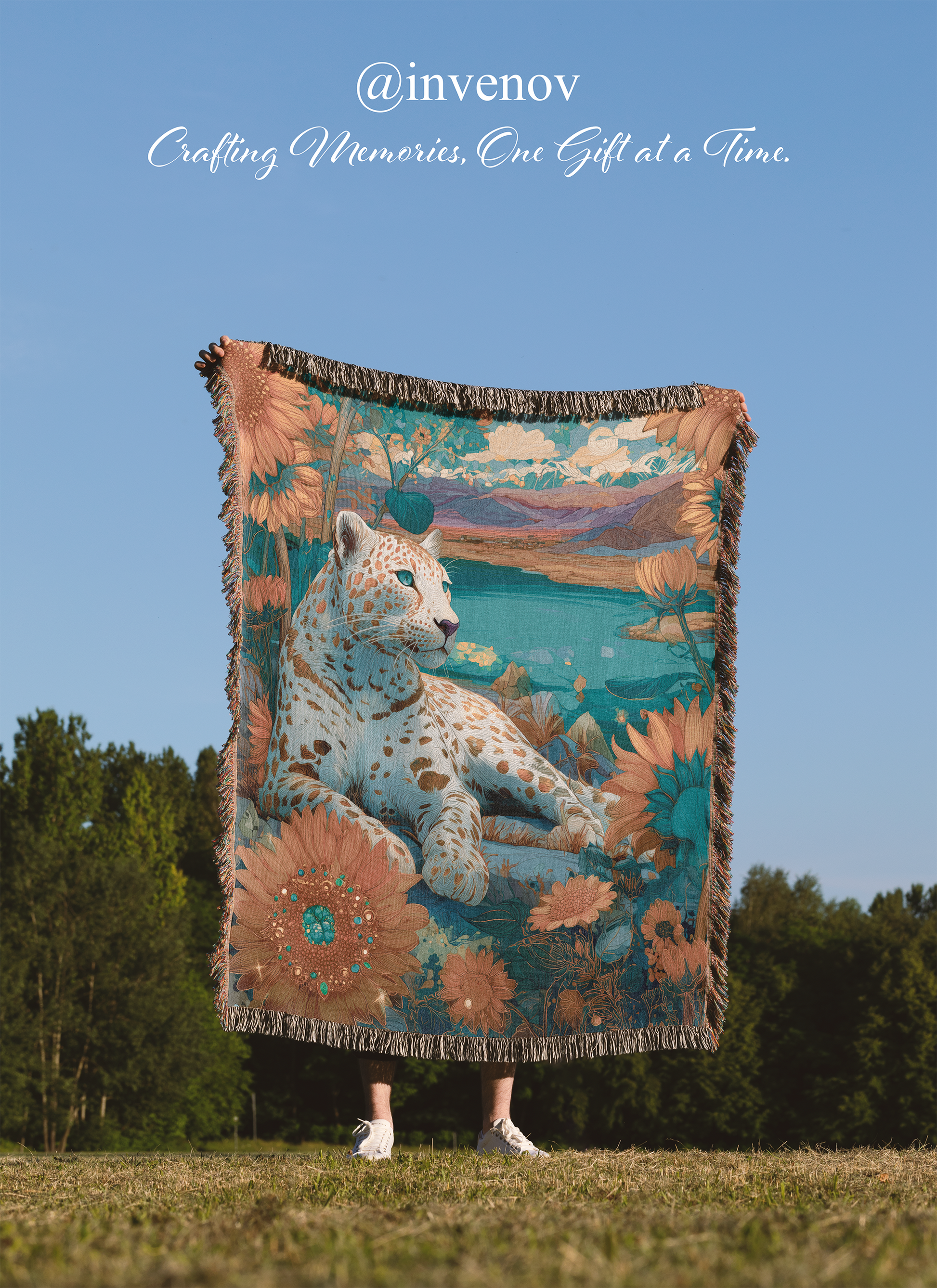 Person holding a decorative blanket with a leopard design outdoors