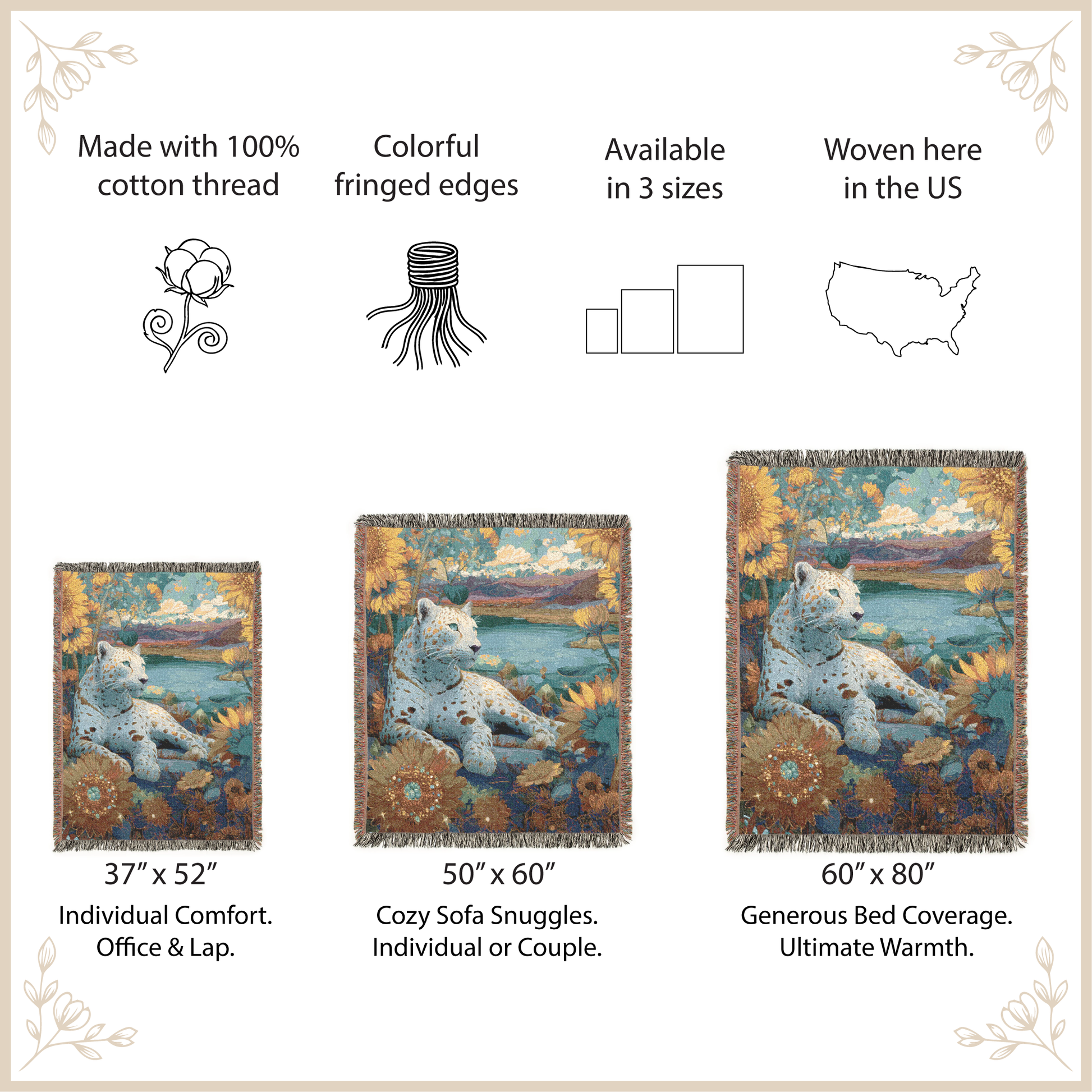 Three sizes of woven blankets with leopard designs and fringed edges, displayed with product details.