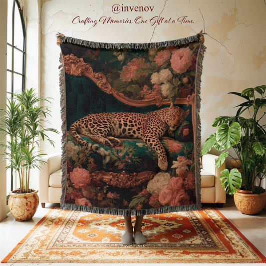 Decorative blanket with a leopard design on a wall in a room with plants and a rug.