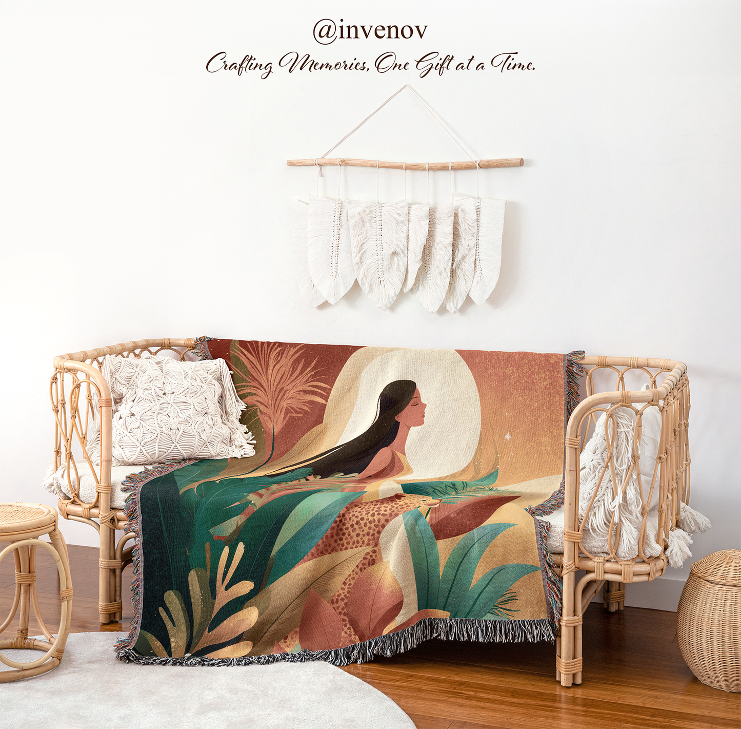 Decorative blanket with artistic design on a wicker chair