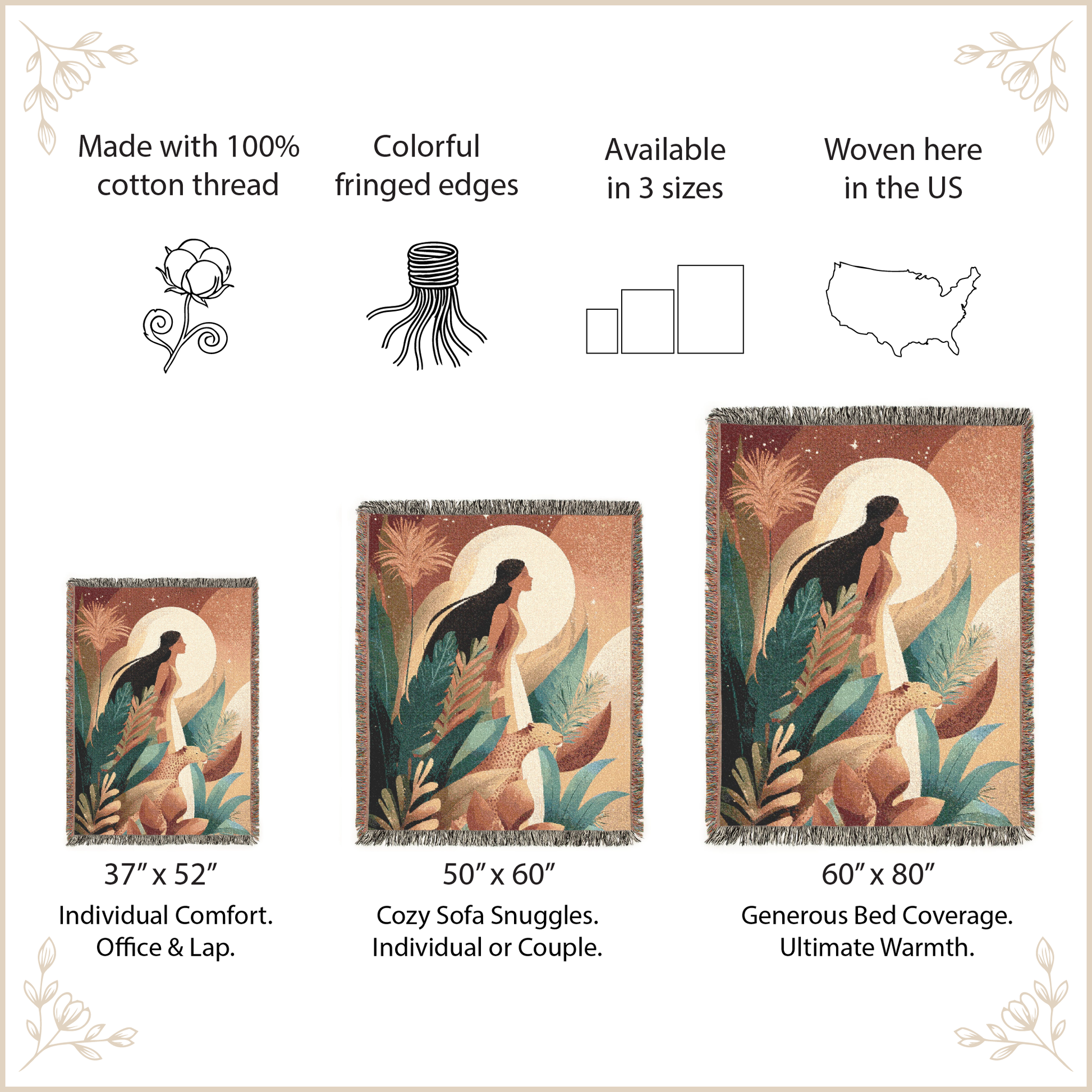 Decorative throw blankets with artistic designs and size information on a beige background.
