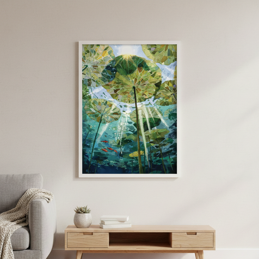 Underwater Lily Pond Wall Art, Sunlight Through Lily Pads Canvas or Poster Print, Nature Inspired Water Garden Artwork, Living Room Decor