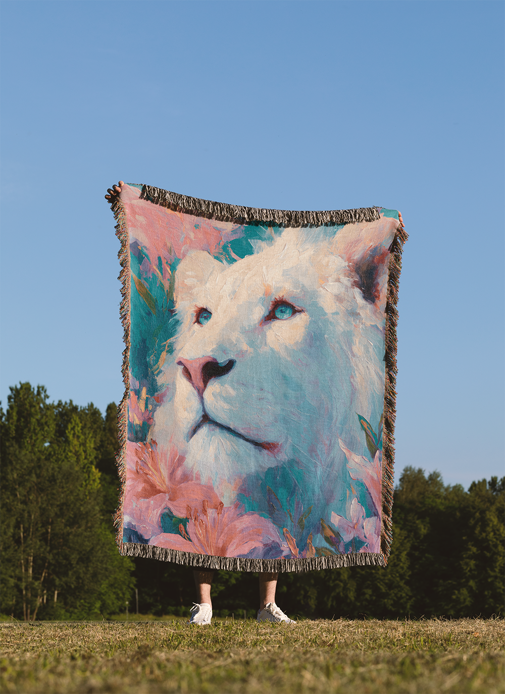 White Lion Woven Blanket, Floral Tapestry Wall Hanging, Impressionist Pastel Jacquard Decor, Maximalist Big Cat Art Throw, Animal Lover Gift