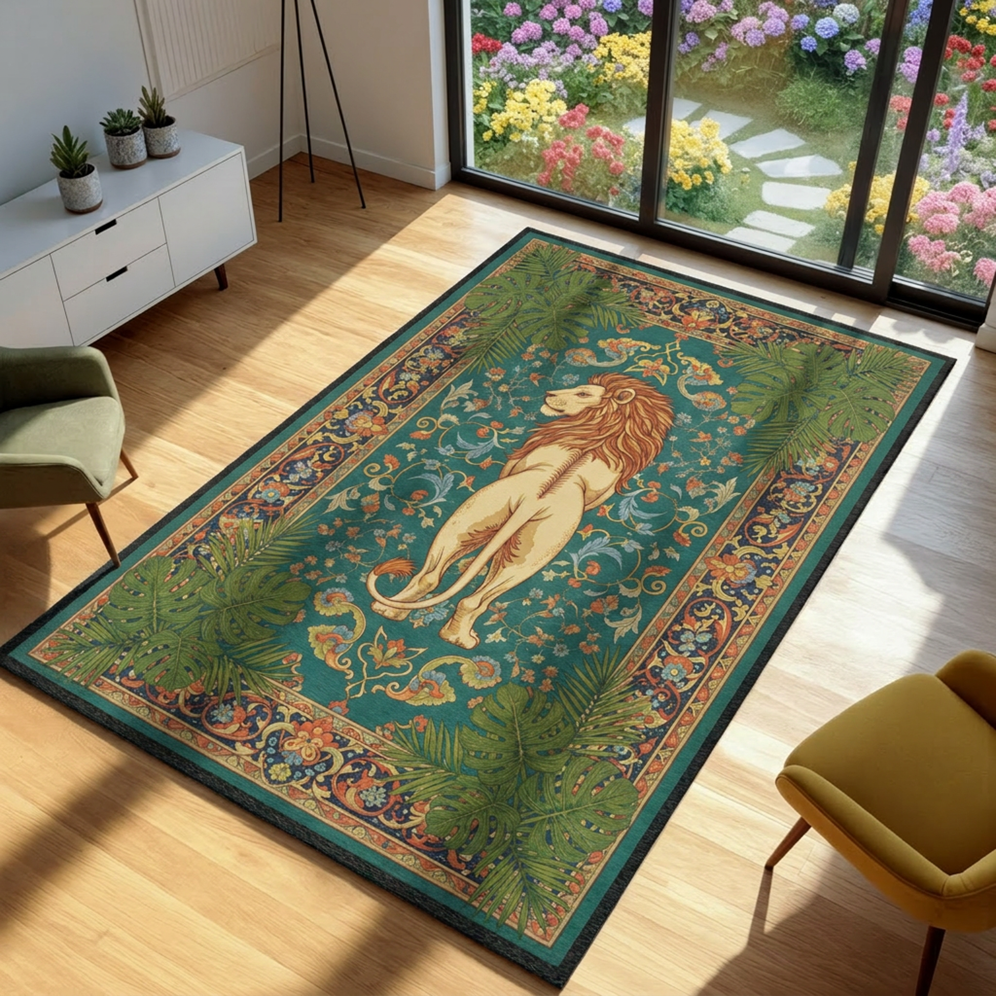 Area rug with lion graphic designs