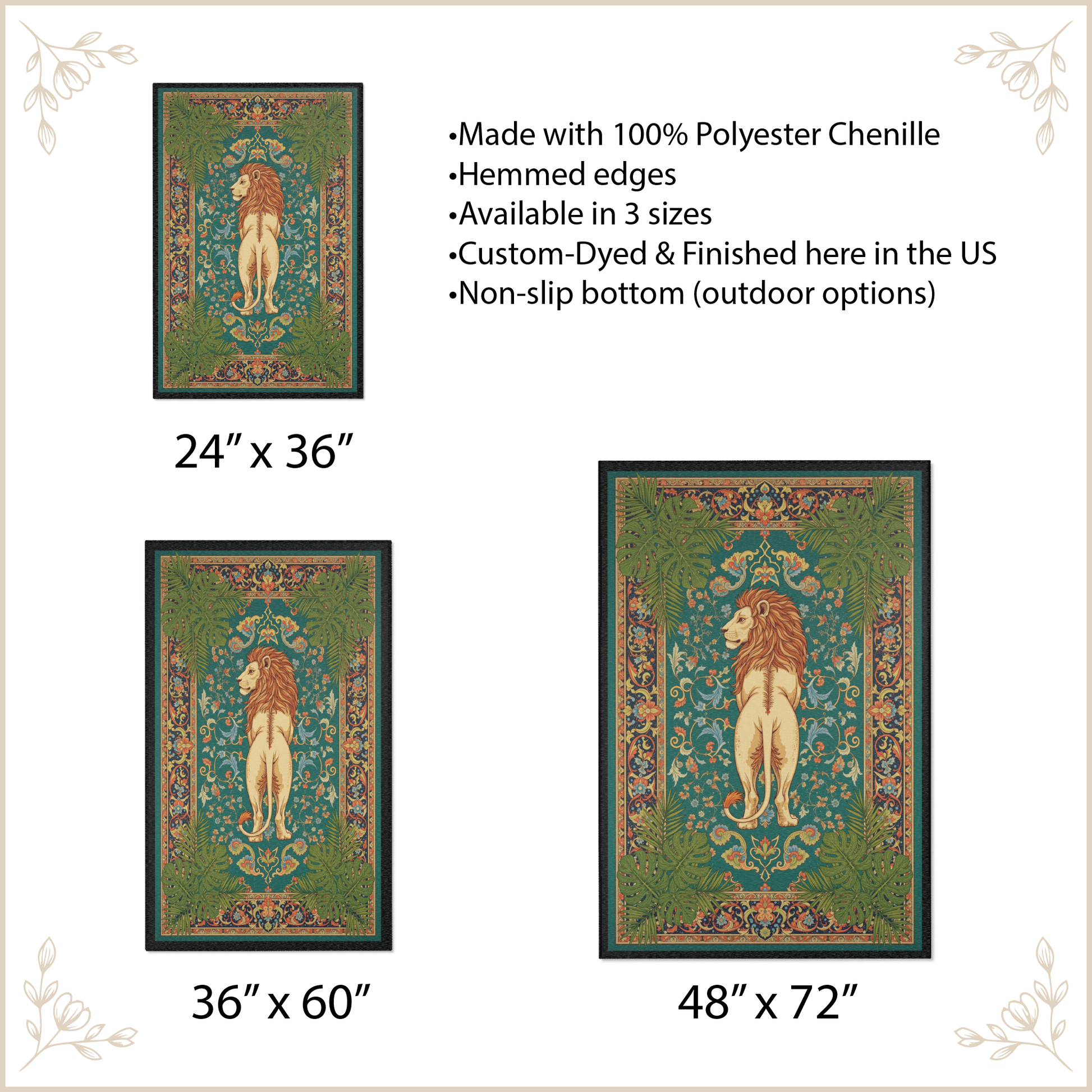 Area rug with lion graphic designs with size options and features