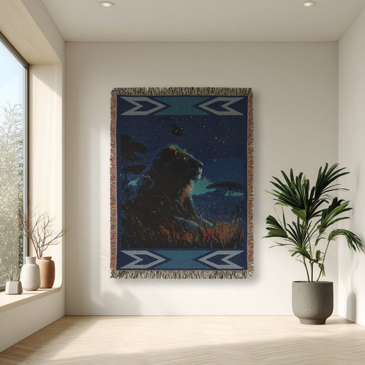 Celestial Safari Lion Woven Blanket, Moonlight Tapestry, Wildlife Lover Gift, Fringed Sofa Bed Wall Art, Africa Safari Night Blanket Throw